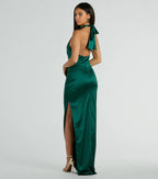 Melina Satin Halter High Slit Column Dress