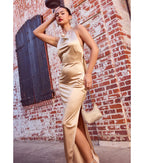 Melina Satin Halter High Slit Column Dress